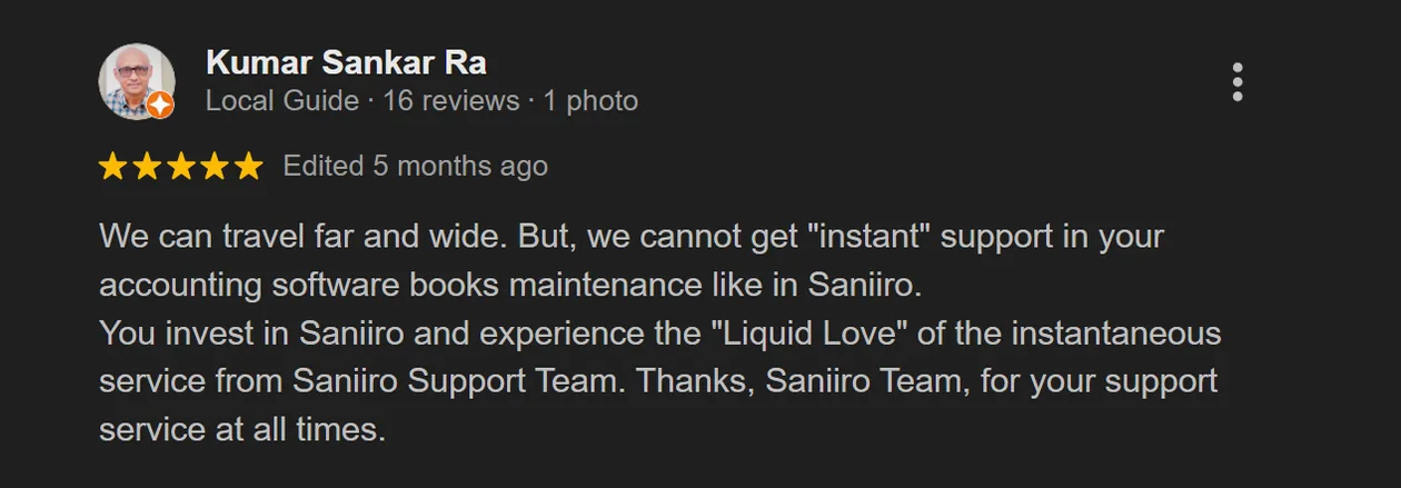 Screenshot of Kumar Sankar Ra's review of Saniiro
