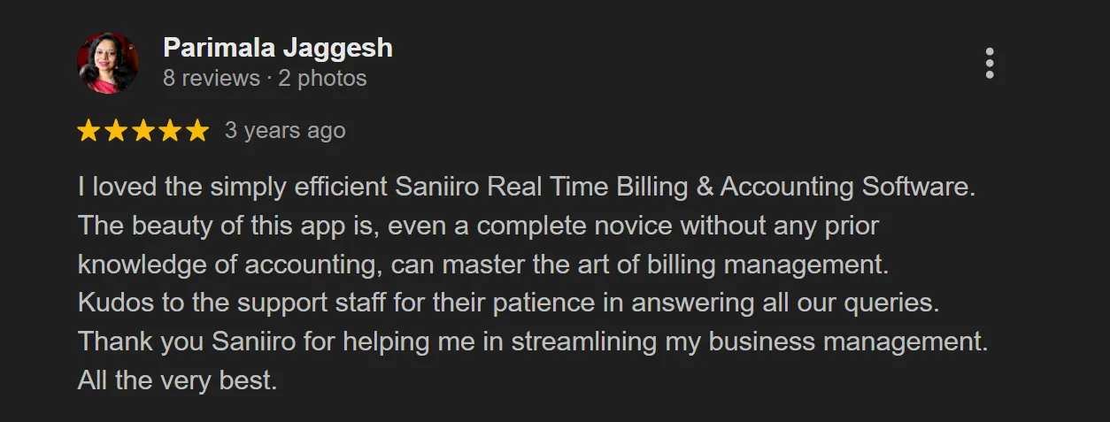 Screenshot of Parimala Jaggesh's review of Saniiro