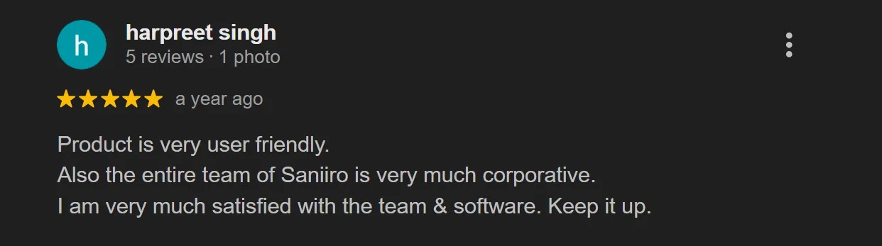 Screenshot of Harpreet Singh's review of Saniiro