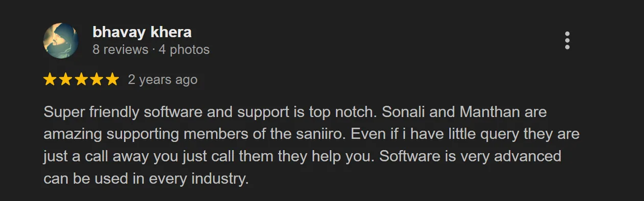 Screenshot of Bhavay Khera's review of Saniiro